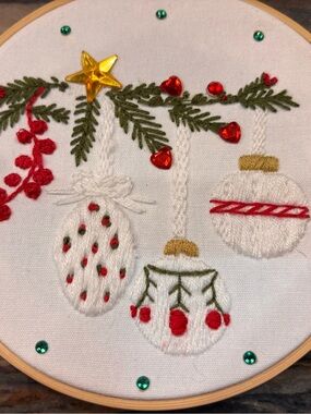 Hand-Embroidered 5”Holiday Ornament Hoop - White, Red & Green Christmas